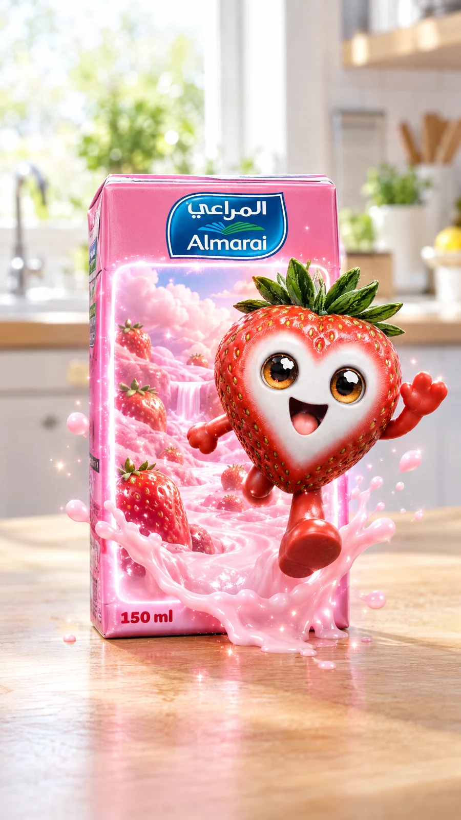 The mascot jumps out of the portal with a milk splash