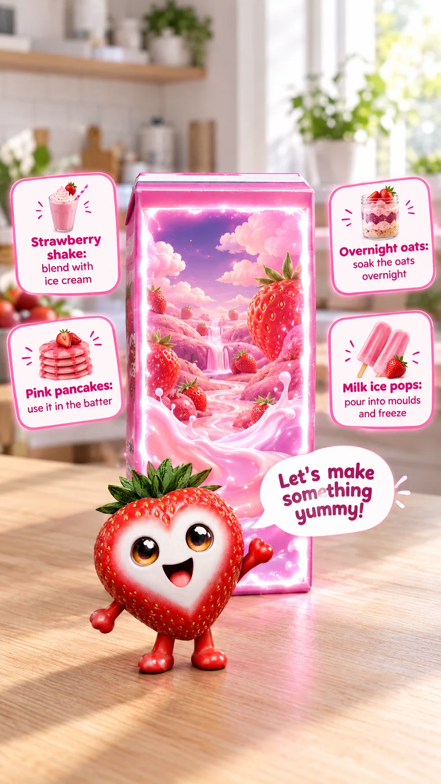 Recipe cards on both sides of the pack while the mascot talks